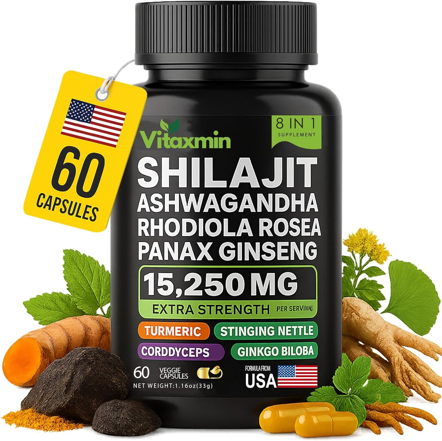 Vitaxmin 8-in-1 Shilajit Supplement – Extra Strength Energy, Stress & Vitality Formula